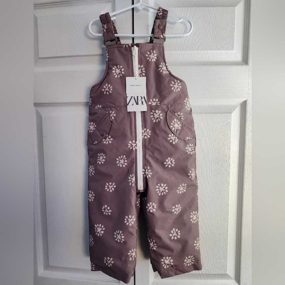 Zara Kids Tan/Mauve/Cream Snowflake Pattern Snow Bibs